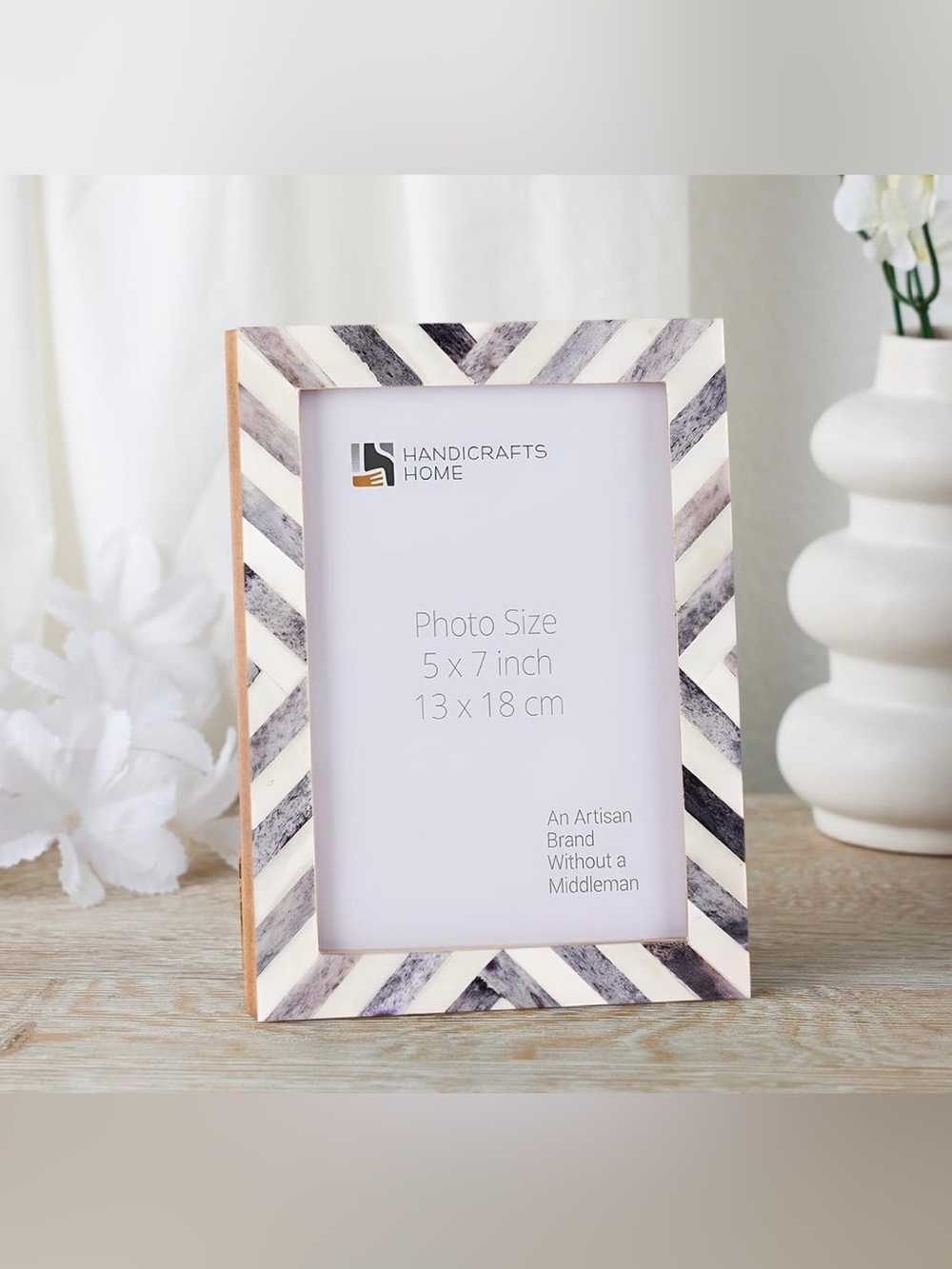 Handicrafts Home Striped 5x7 Photo Frame in White and Gray